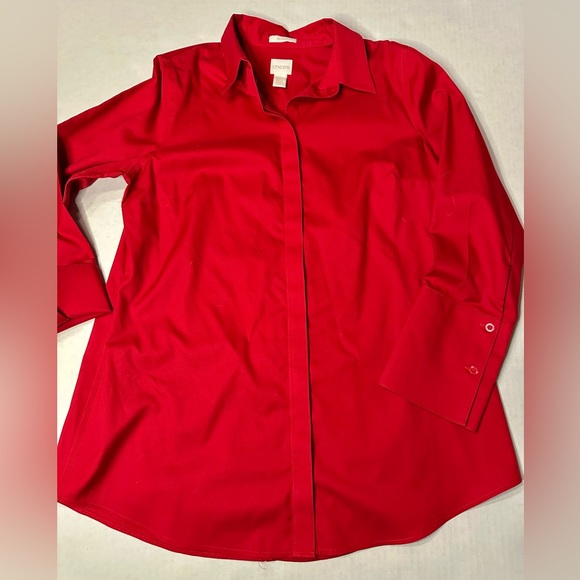 Chicos Red Button Down Long Sleeve No Iron Blouse Size 1 Medium - Picture 1 of 7